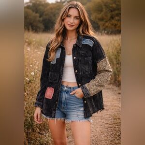 ⚡️ POL Corduroy Patchwork Button Up Jacket - Leopard Print Back & Sleeve